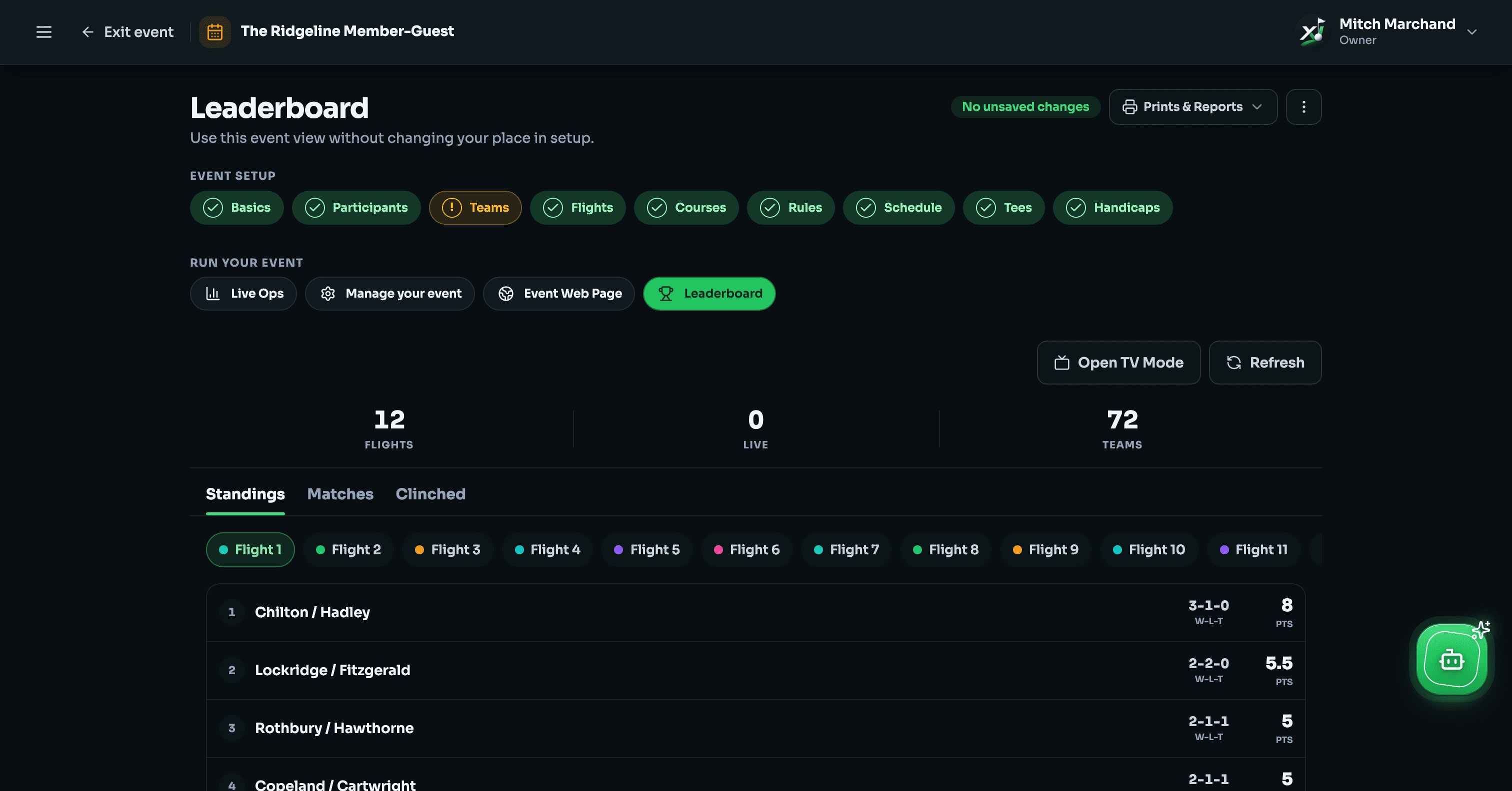 GolfXI round-robin configuration and leaderboard workspace in dark mode