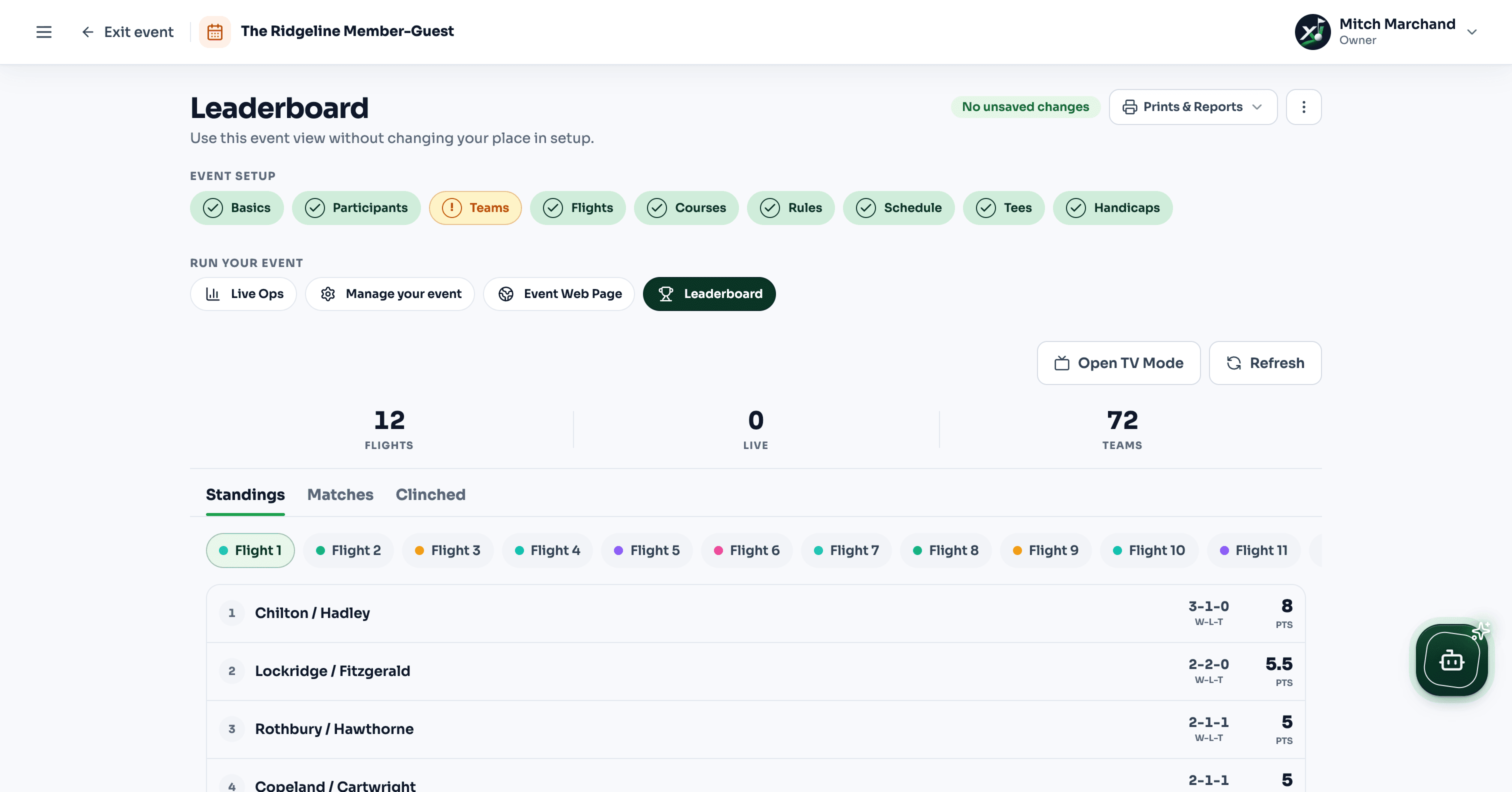 GolfXI round-robin configuration and leaderboard workspace in light mode