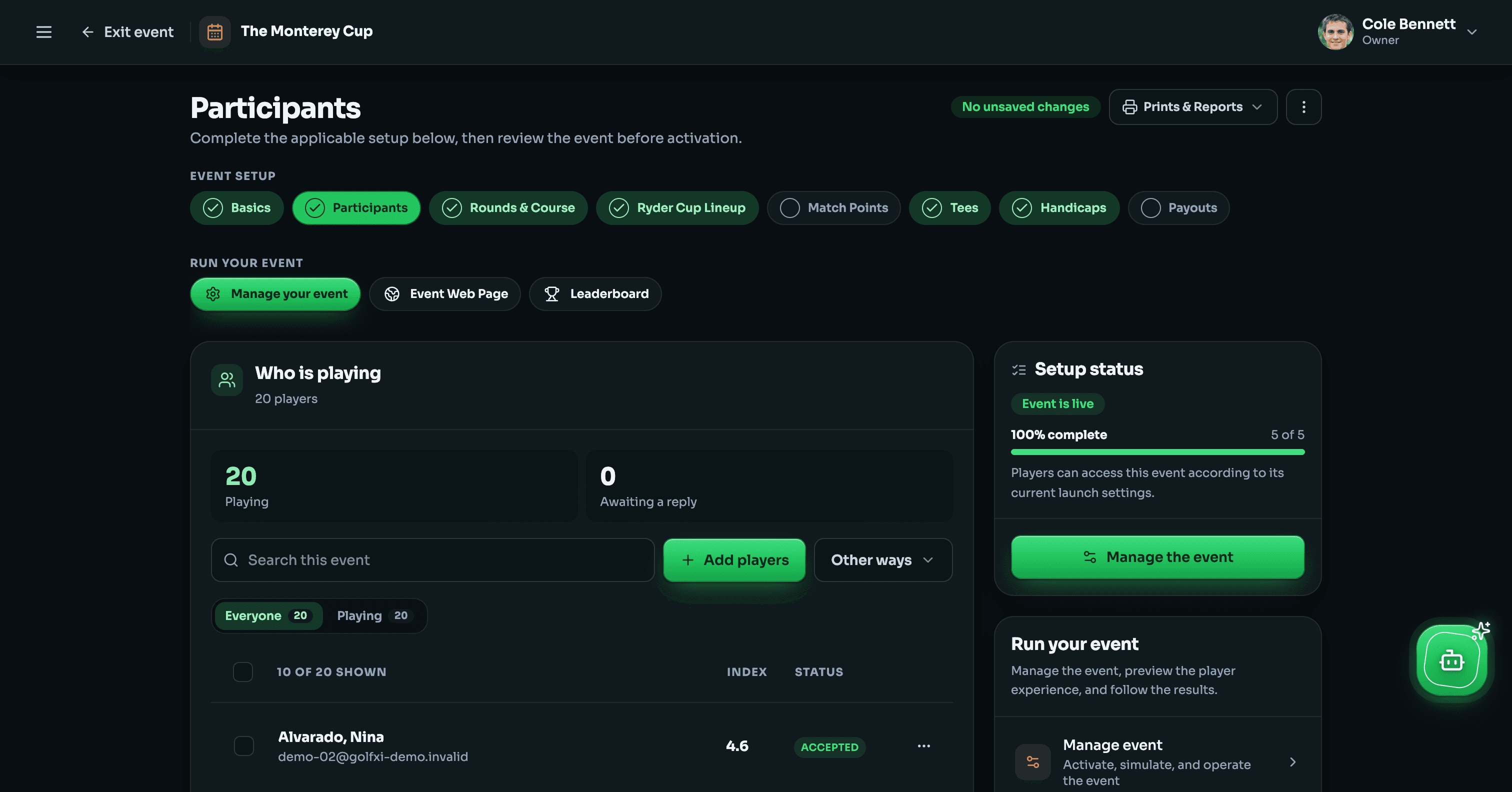 GolfXI trip participant and event planning workspace in dark mode
