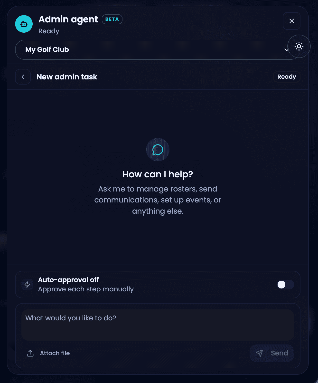 GolfXI agent task intake screenshot in dark mode