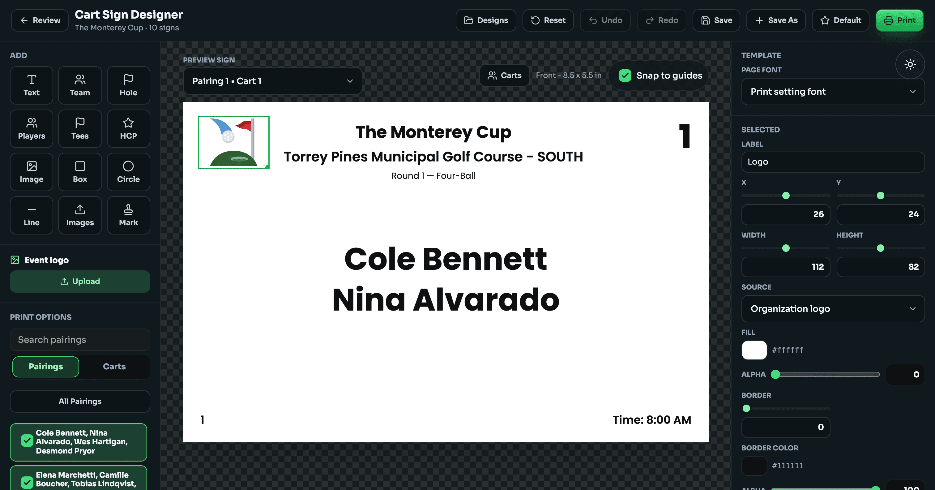 GolfXI cart sign designer with a branded pairing sign in dark mode