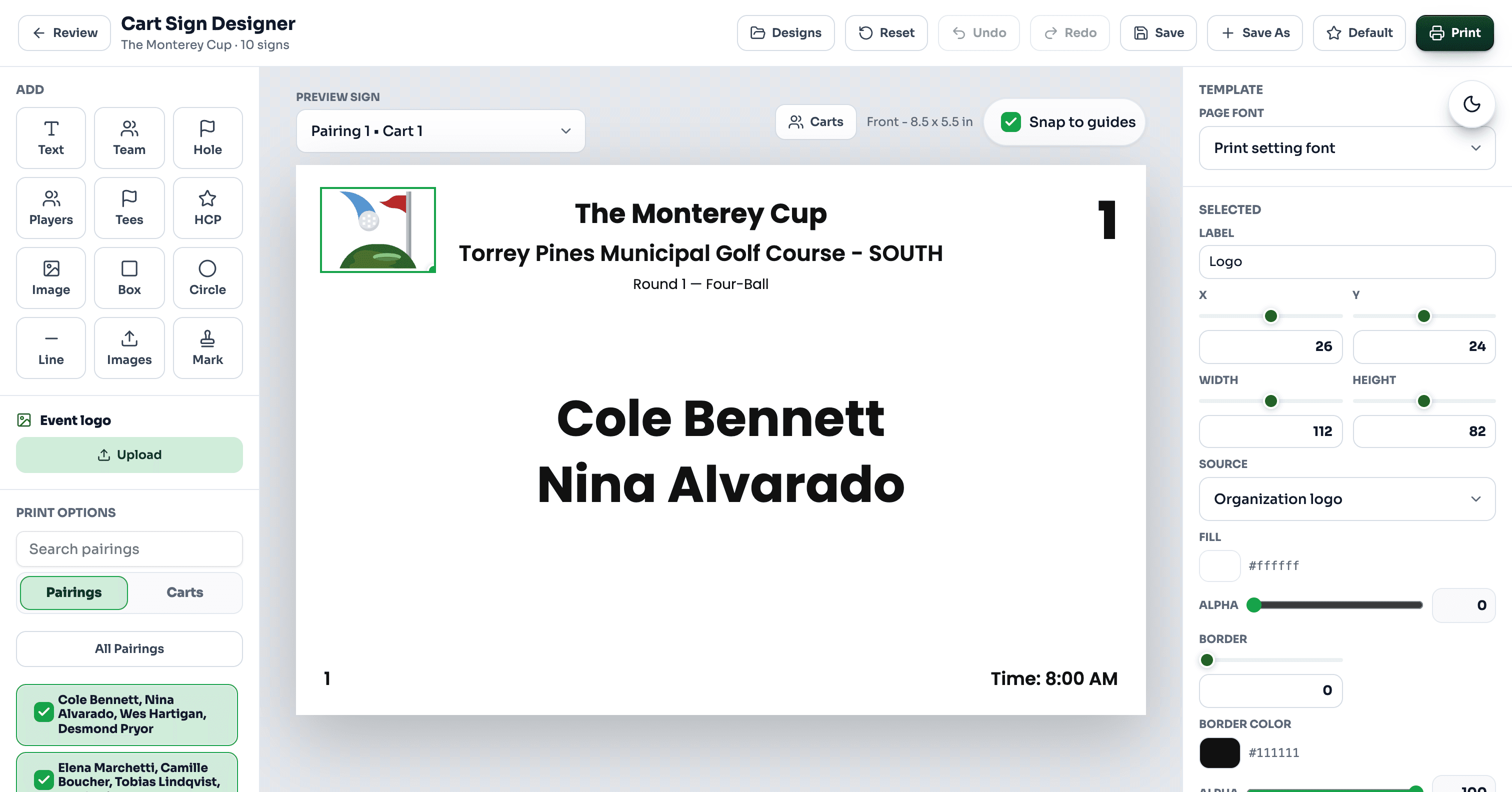 GolfXI cart sign designer with a branded pairing sign in light mode