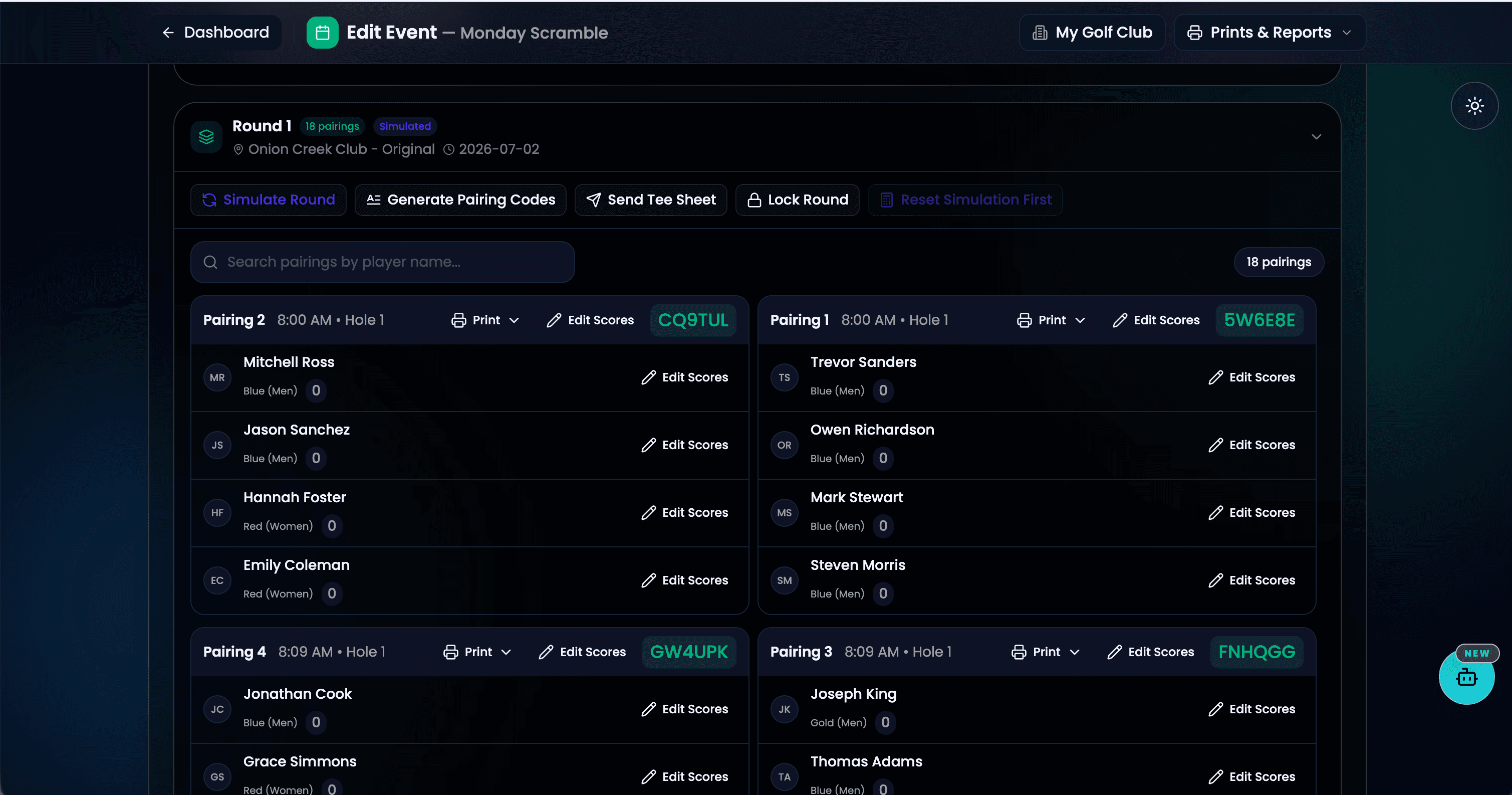 GolfXI event manage screenshot in dark mode