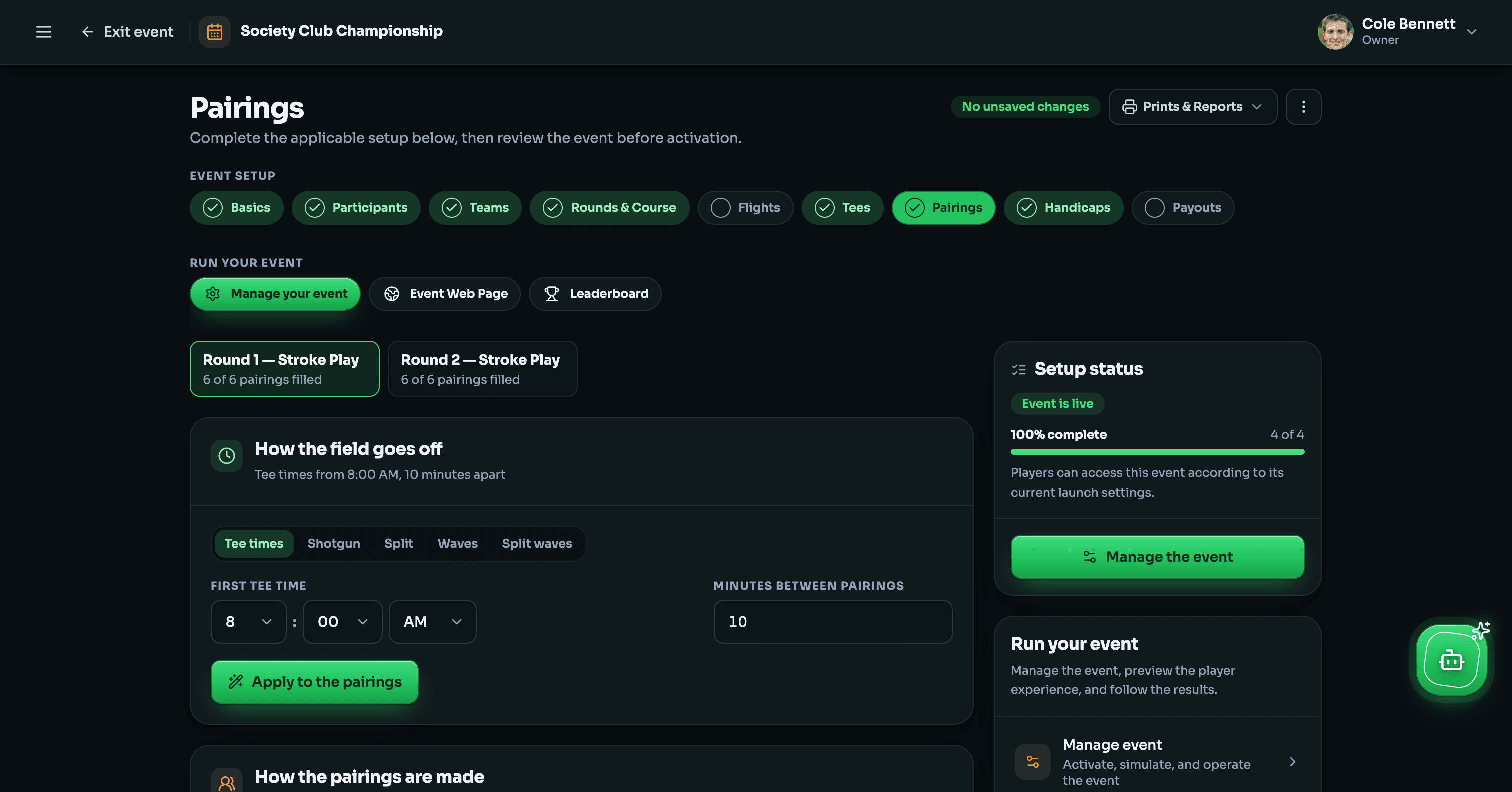 GolfXI pairings step with tee times, waves, and groups in dark mode