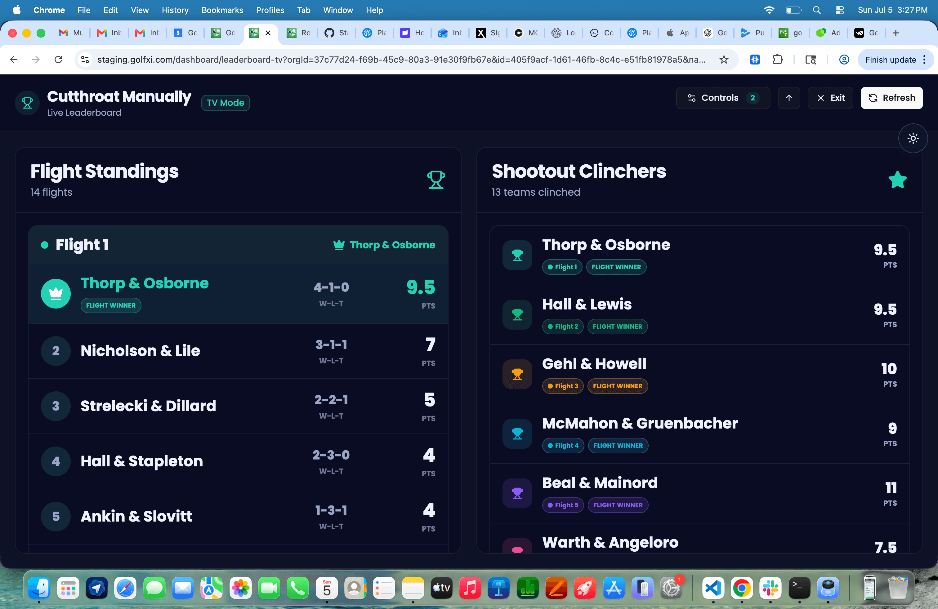GolfXI member-guest round robin TV leaderboard screenshot in dark mode