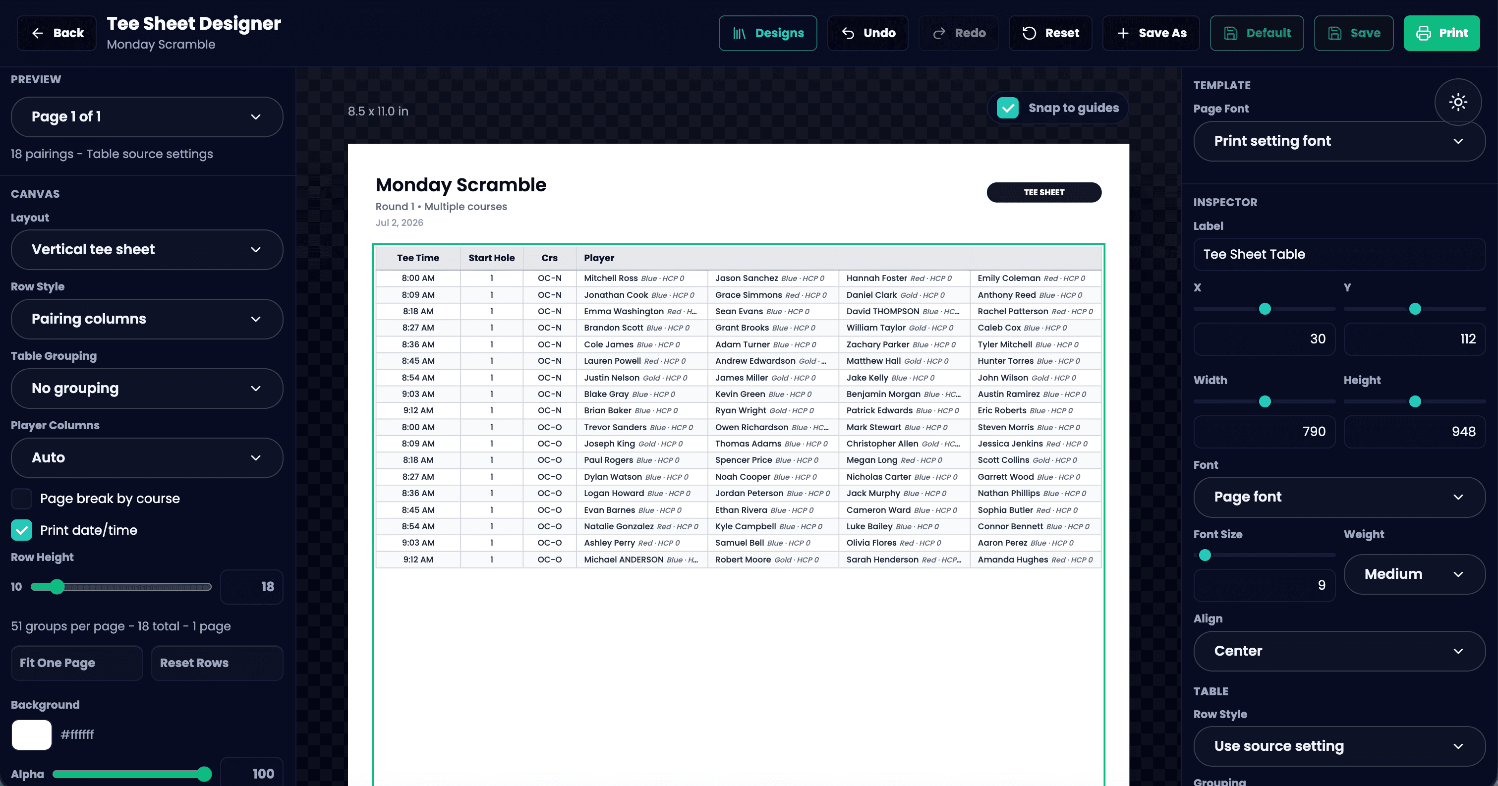 GolfXI tee sheet designer screenshot in dark mode