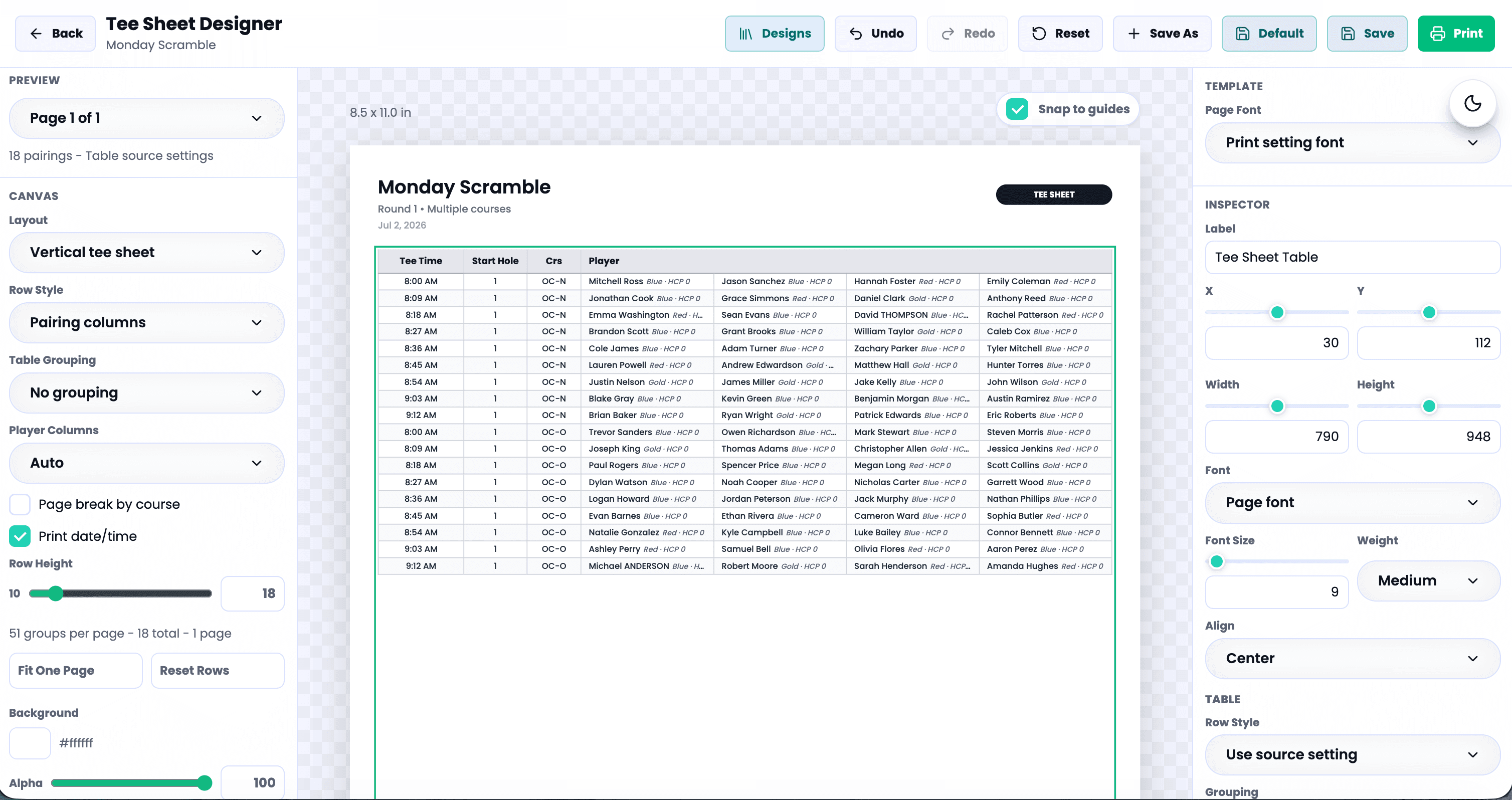 GolfXI tee sheet designer screenshot in light mode